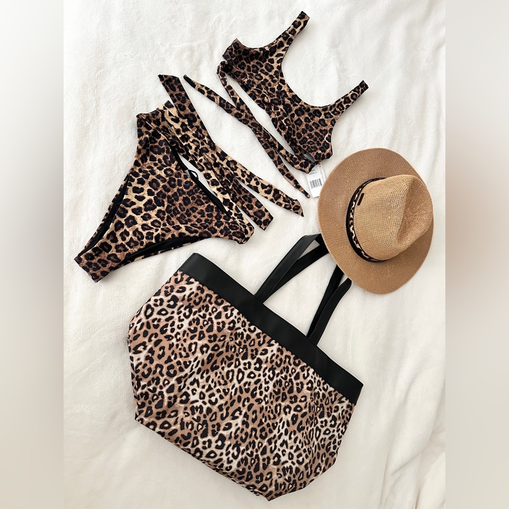 Leopard Print Bikini Set with Tote and Hat